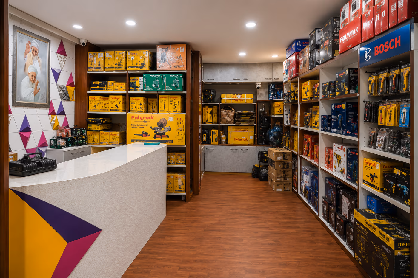 Inside Saif Trade showroom with ready-stock power tools and equipment